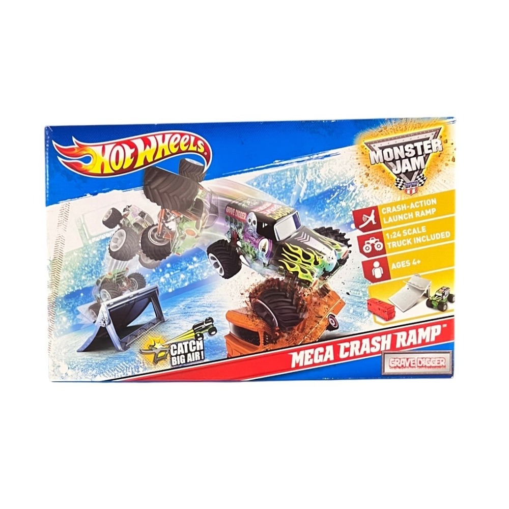Hot Wheels Monster Jam Mega Crash Ramp Playset Grave Digger 1:24 Truck T3434